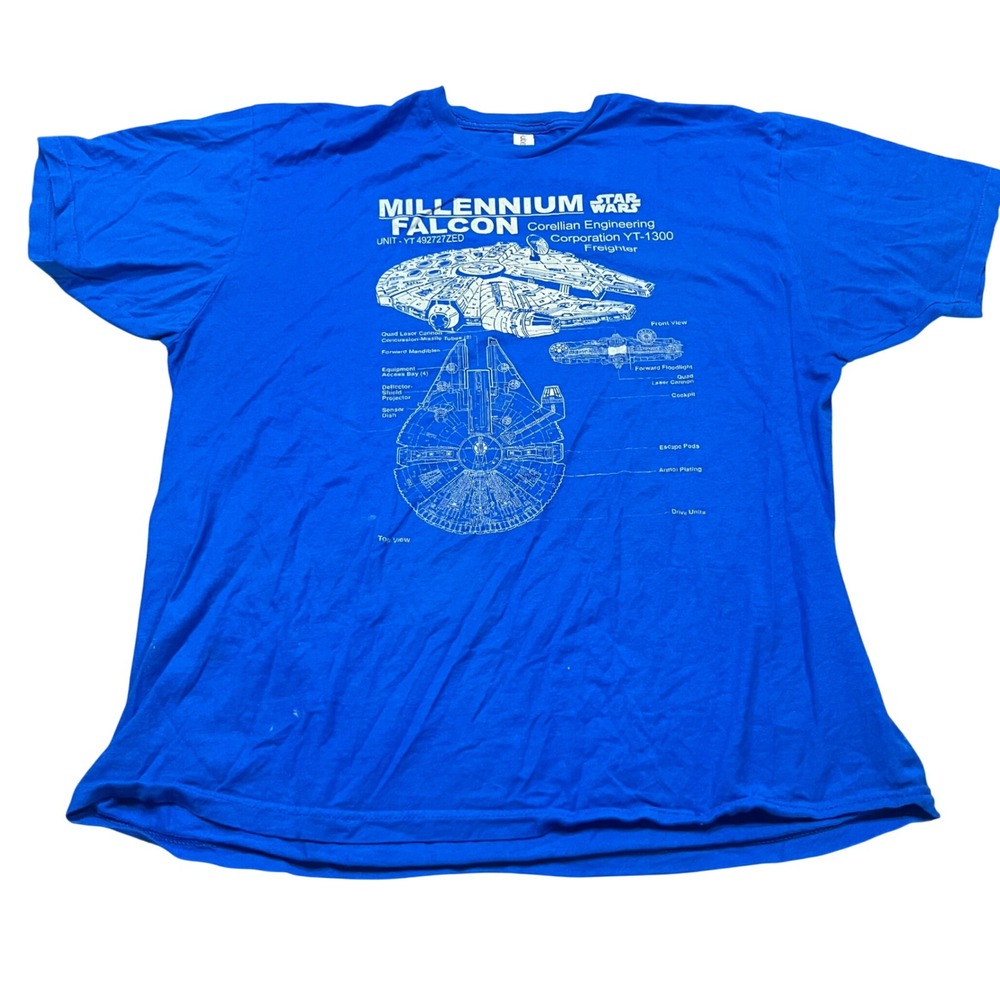 Star Wars Millennium Falcon Blueprint Graphic T-Shirt Mens XXL Blue Tultex 202